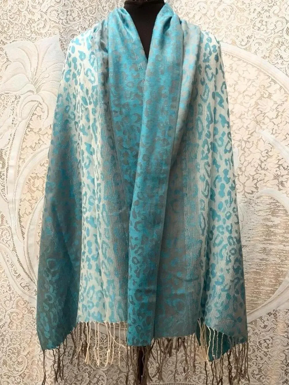 Turquoise Leopard Print Pashmina Shawl Aqua Cheetah Animal Wrap Scarf Fringe